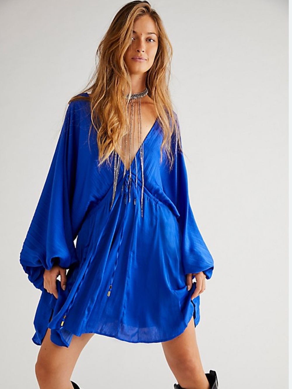Free People Arzel Mini Dress long- sleeve blue size xs NWOT